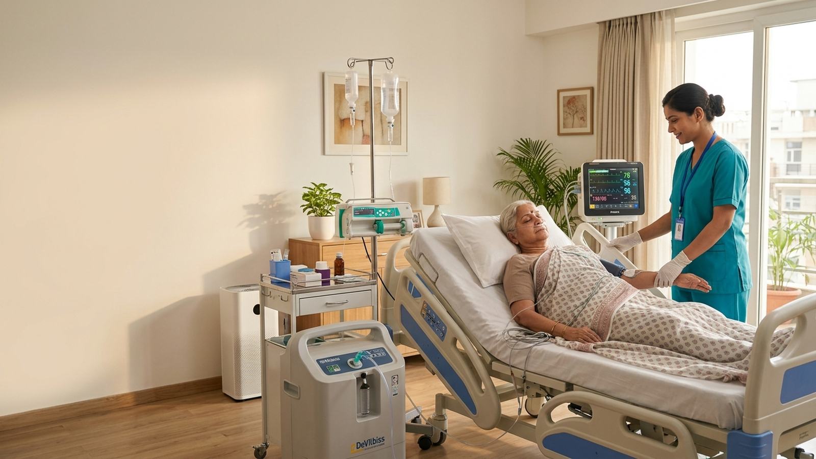 Hospital grade ICU setup at home with critical care nurse