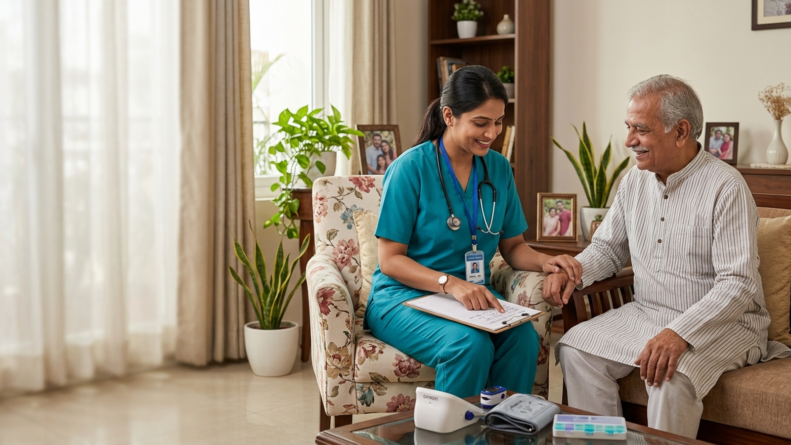 Compassionate nurse caring for elderly patient at home